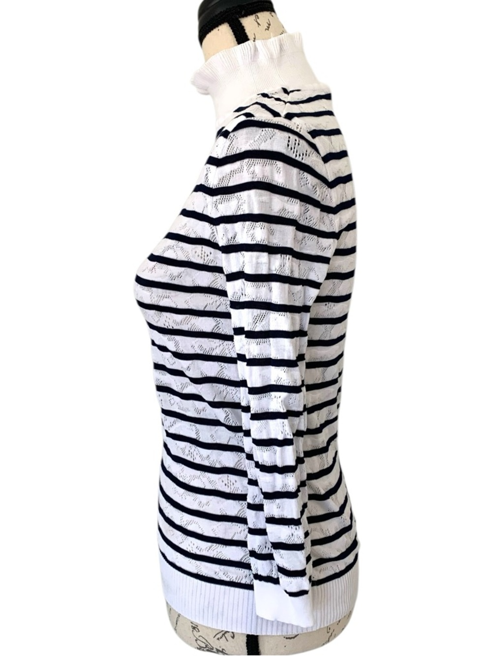 Chloe Ruffled Turtleneck Striped Sweater White & Navy Size S - Picture 4 of 6